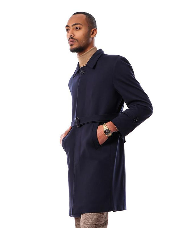 turn- down- collar- solid- buttoned- coat- - navy- blue