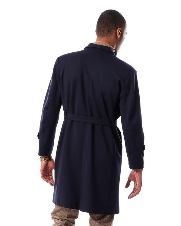 turn- down- collar- solid- buttoned- coat- - navy- blue