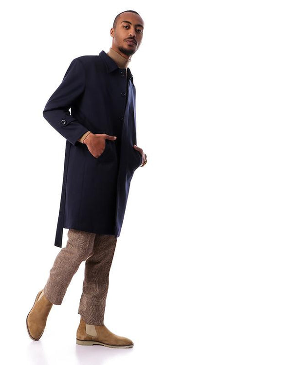 turn- down- collar- solid- buttoned- coat- - navy- blue