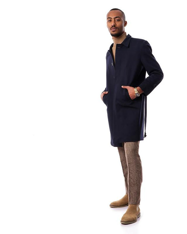 turn- down- collar- solid- buttoned- coat- - navy- blue