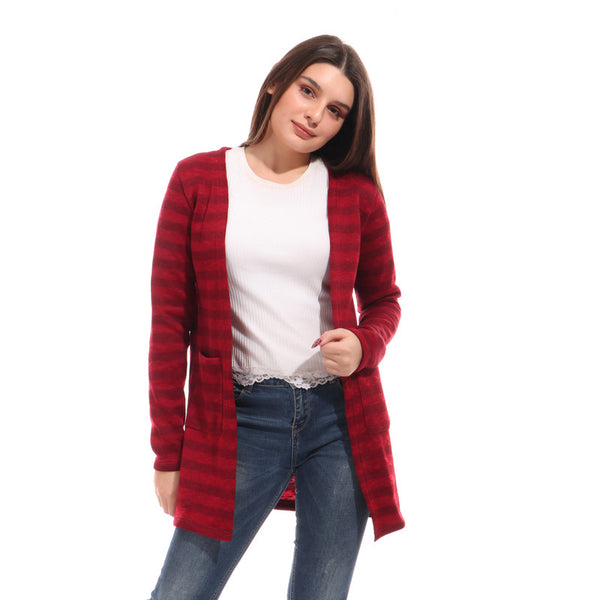 Striped Front Pockets Cotton Cardigan - Burgundy