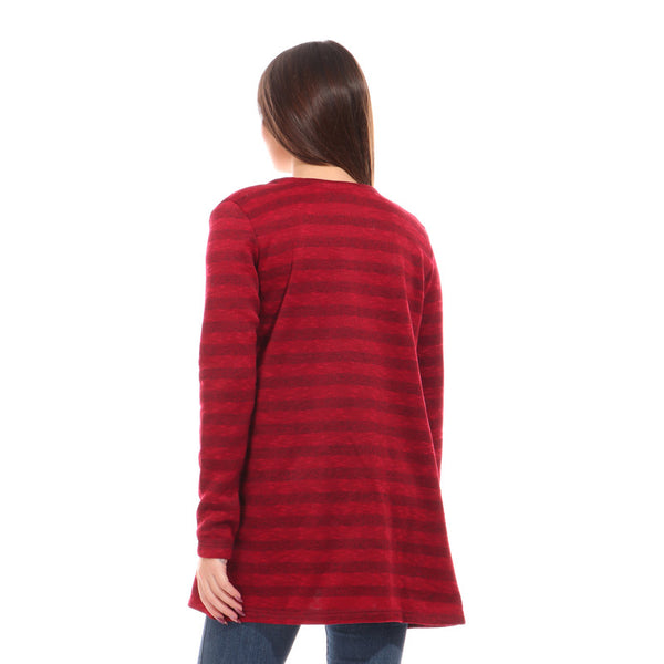 Striped Front Pockets Cotton Cardigan - Burgundy