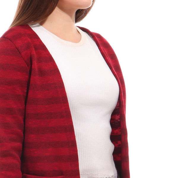 Striped Front Pockets Cotton Cardigan - Burgundy