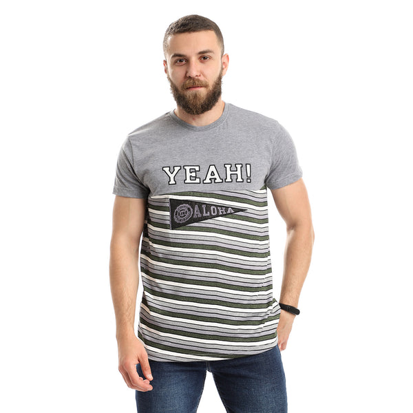 stitched yeah striped heather grey - olive tee