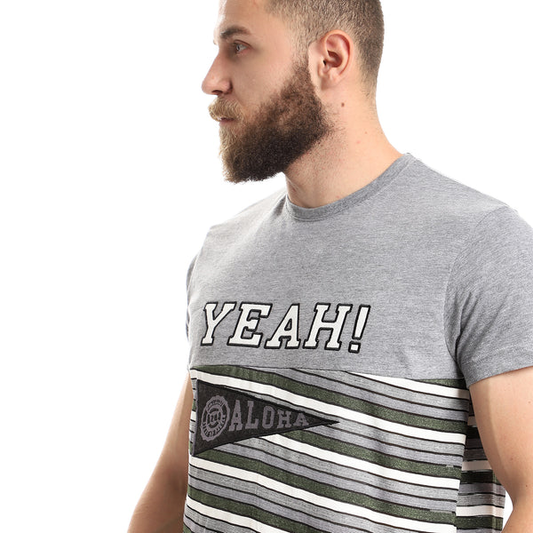 stitched yeah striped heather grey - olive tee