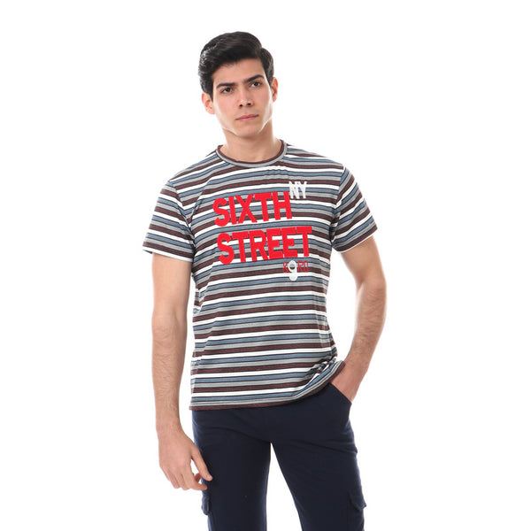 striped front stitched round neck t-shirt - dark burgundy- white - blue