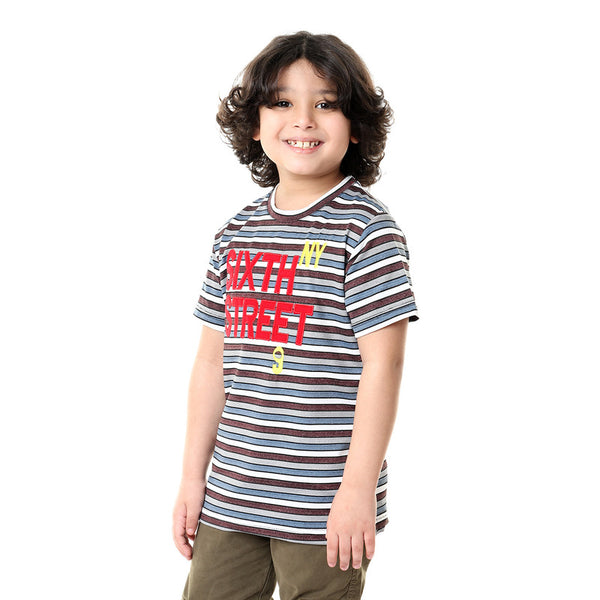 boys striped front stitched round neck t-shirt - maroon