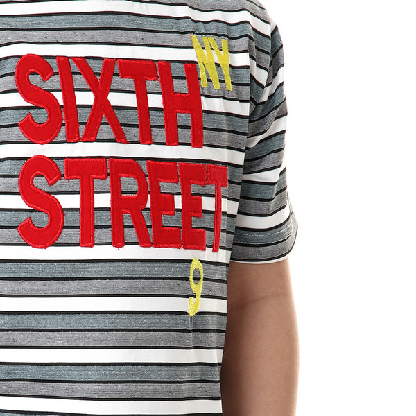boys striped front stitched round neck t-shirt - grey