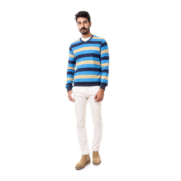 striped full sleeves sweater - blue - navy blue - dark yellow
