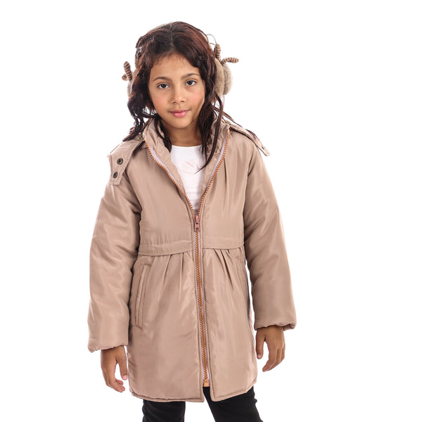 Side Pockets Girls Winter Jacket - Beige