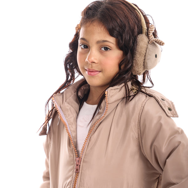 Side Pockets Girls Winter Jacket - Beige