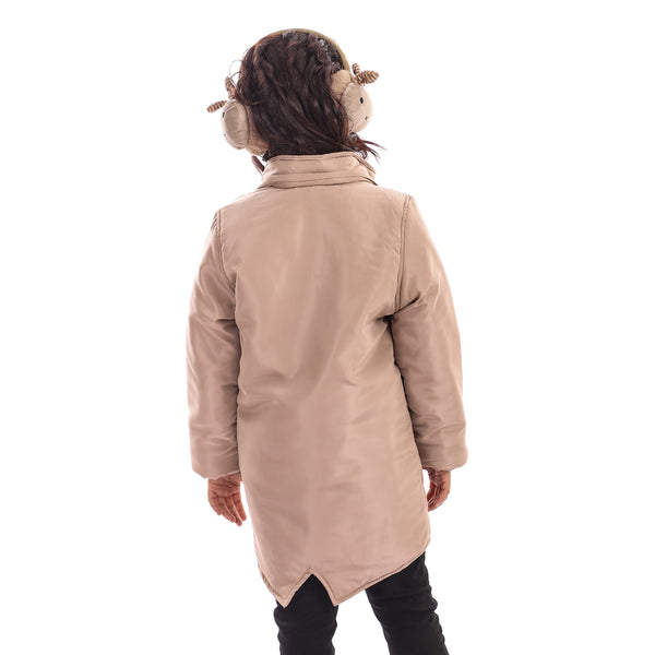 Side Pockets Girls Winter Jacket - Beige