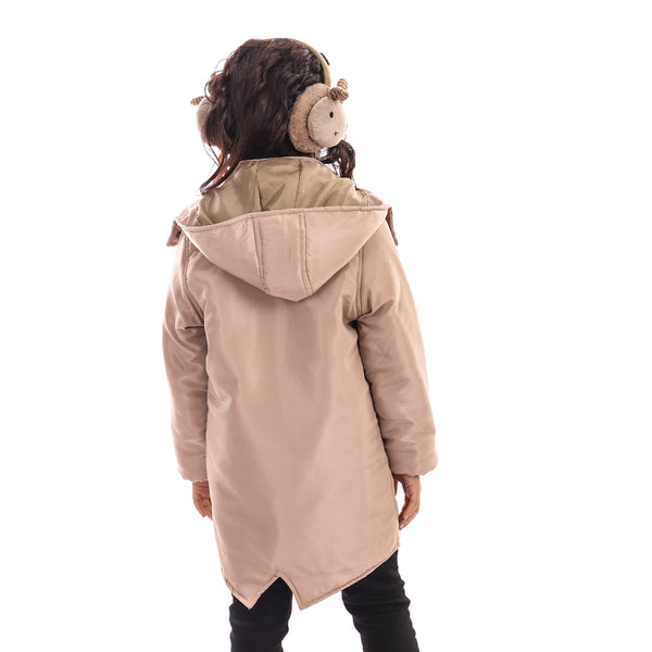 Side Pockets Girls Winter Jacket - Beige