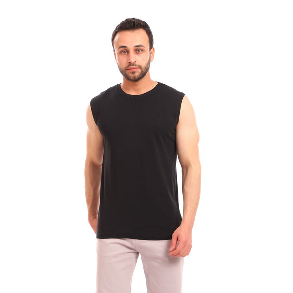 sleeveless cotton round collar tank top - black