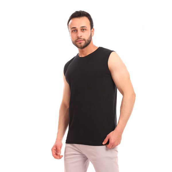 sleeveless cotton round collar tank top - black