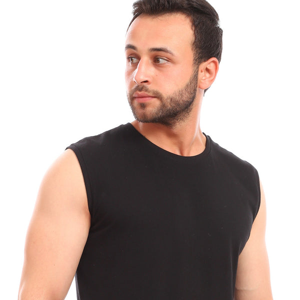 sleeveless cotton round collar tank top - black