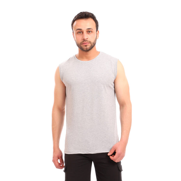 sleeveless cotton round collar tank top - heather light grey