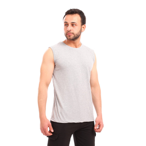 sleeveless cotton round collar tank top - heather light grey