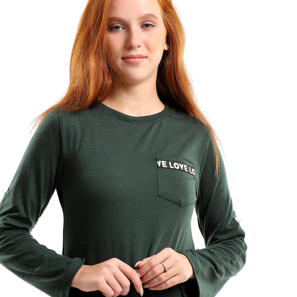Side Slits Long Sleeve Cotton Tunic Top - Dark Green