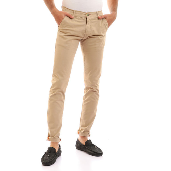 Solid Fly Zipper Button Cotton Pants - Dark Beige