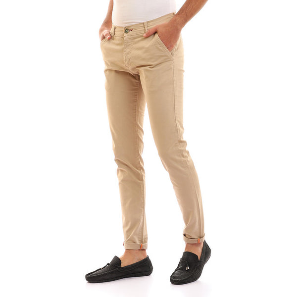 Solid Fly Zipper Button Cotton Pants - Dark Beige