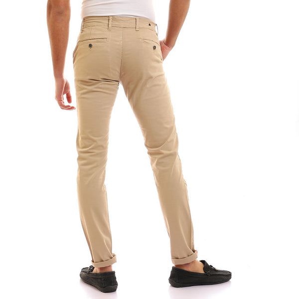 Solid Fly Zipper Button Cotton Pants - Dark Beige
