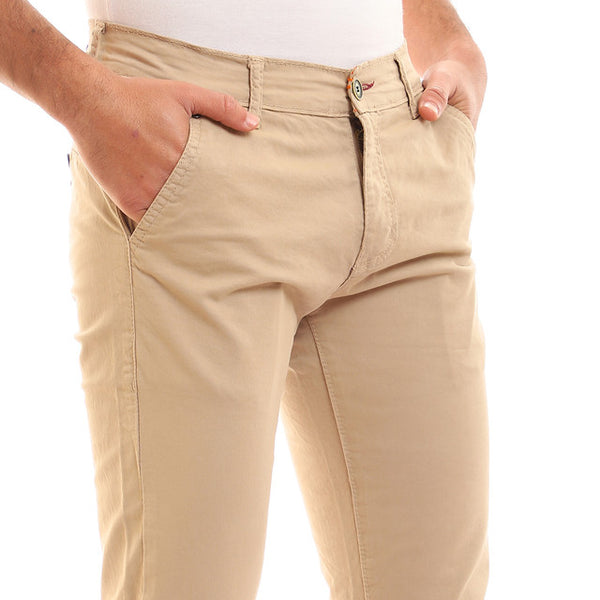 Solid Fly Zipper Button Cotton Pants - Dark Beige