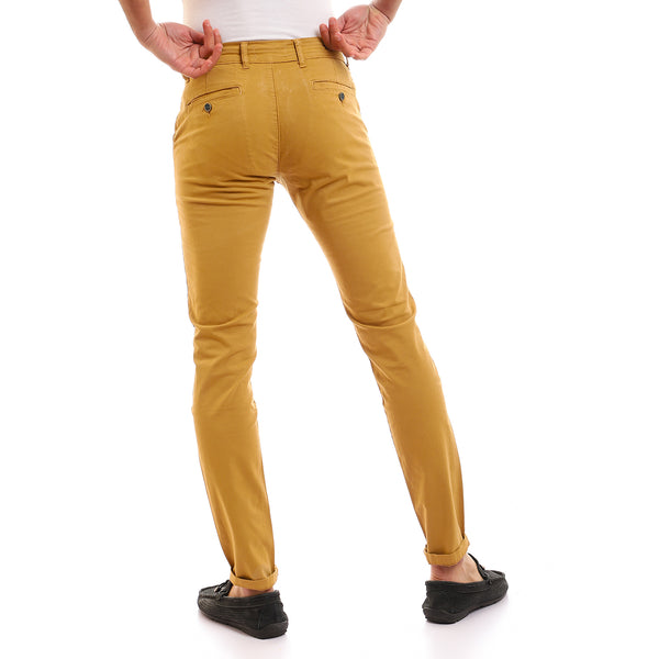 Solid Fly Zipper Button Cotton Pants - Dark Khaki