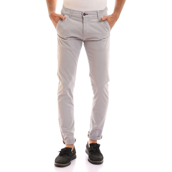 Solid Fly Zipper Button Cotton Pants - Light Grey
