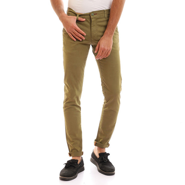 Solid Fly Zipper Button Cotton Pants - Olive