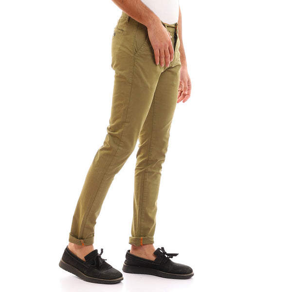 Solid Fly Zipper Button Cotton Pants - Olive