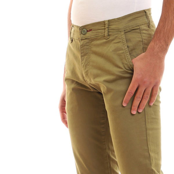 Solid Fly Zipper Button Cotton Pants - Olive