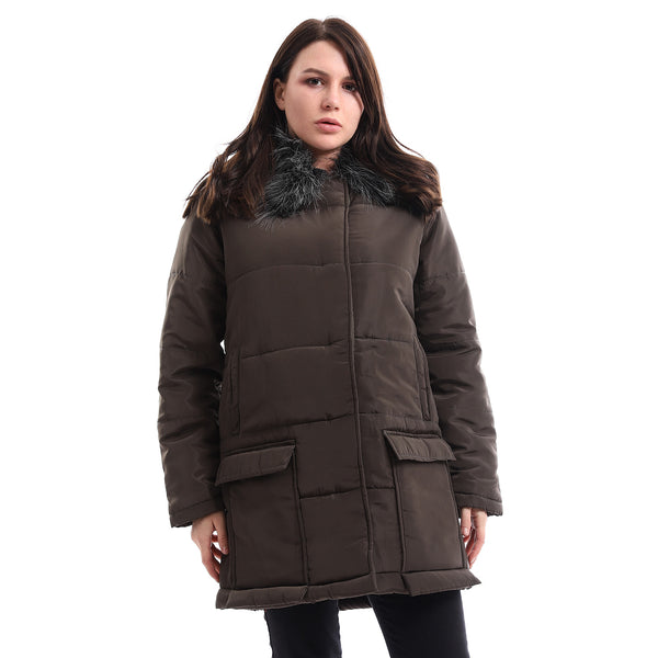 Fur Neck Polyester Puffer Jacket - Olive