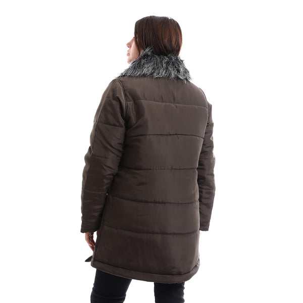 Fur Neck Polyester Puffer Jacket - Olive