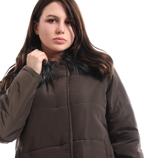 Fur Neck Polyester Puffer Jacket - Olive