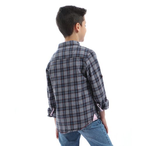 Boys Checks Long Sleeves With Two Pockets Shirt - Dark Brown & Navy Blue