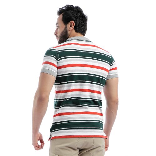 Pique Striped Short Sleeves Polo Shirt - Dark Green