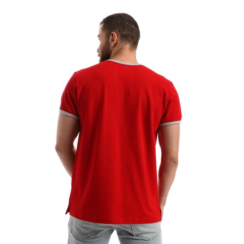 Open V-Neck Pique Slip On T-Shirt - Red
