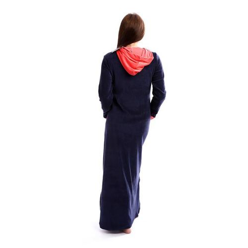 Hooded Buttoned Neck Velvet Nightgown - Navy Blue & Coral