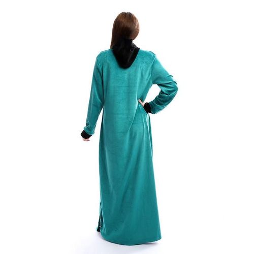 Hooded Buttoned Neck Velvet Nightgown - Teal Green