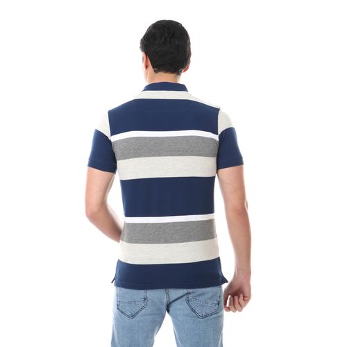 Plus Size Wide Striped Pique Polo Shirt - Navy Blue