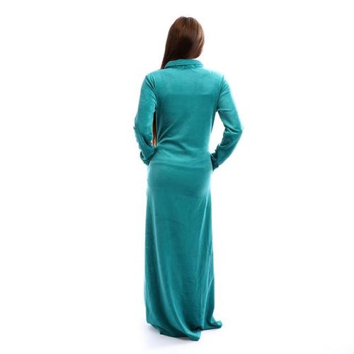 Zipped High Neck Velvet Nightgown - Teal Green