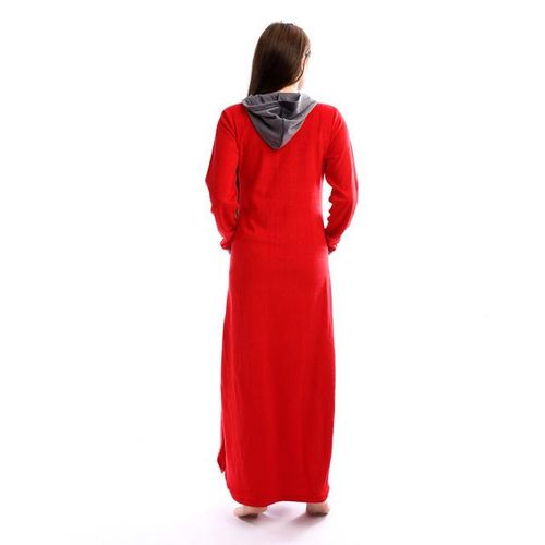 Hooded Buttoned Neck Velvet Nightgown - Red