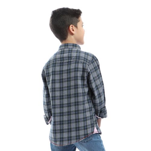Boys Checks Long Sleeves With Two Pockets Shirt - Dark Green & Navy Blue