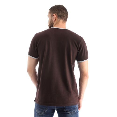 Open V-Neck Pique Slip On T-Shirt - Dark Brown