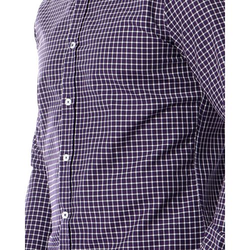 Basic Plaids Long Sleeves Buttoned Shirt - Dark Purple & White