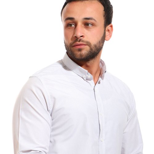 Striped Turn Down Collar Cotton Shirt - Grey & White