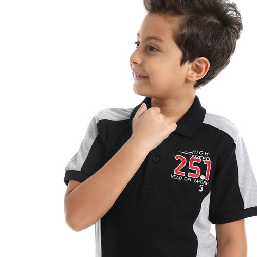 Boys Patched Pocket Pique Polo Shirt - Black & Grey