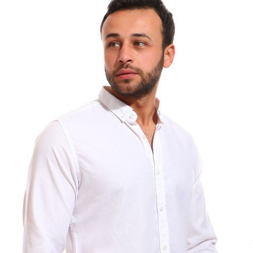 قميص قطن أساسي بأزرار بأكمام طويلة - أبيض
