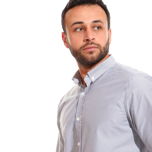 قميص قطن مخطط بياقة مقلوبة - أزرق كحلي وأبيض